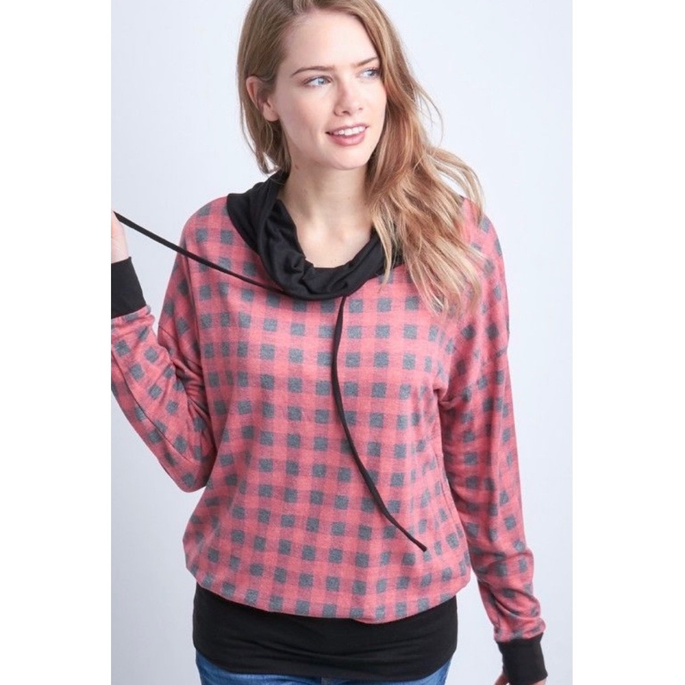 Checkered Cowl-Neck Long Sleeve Sweater Top